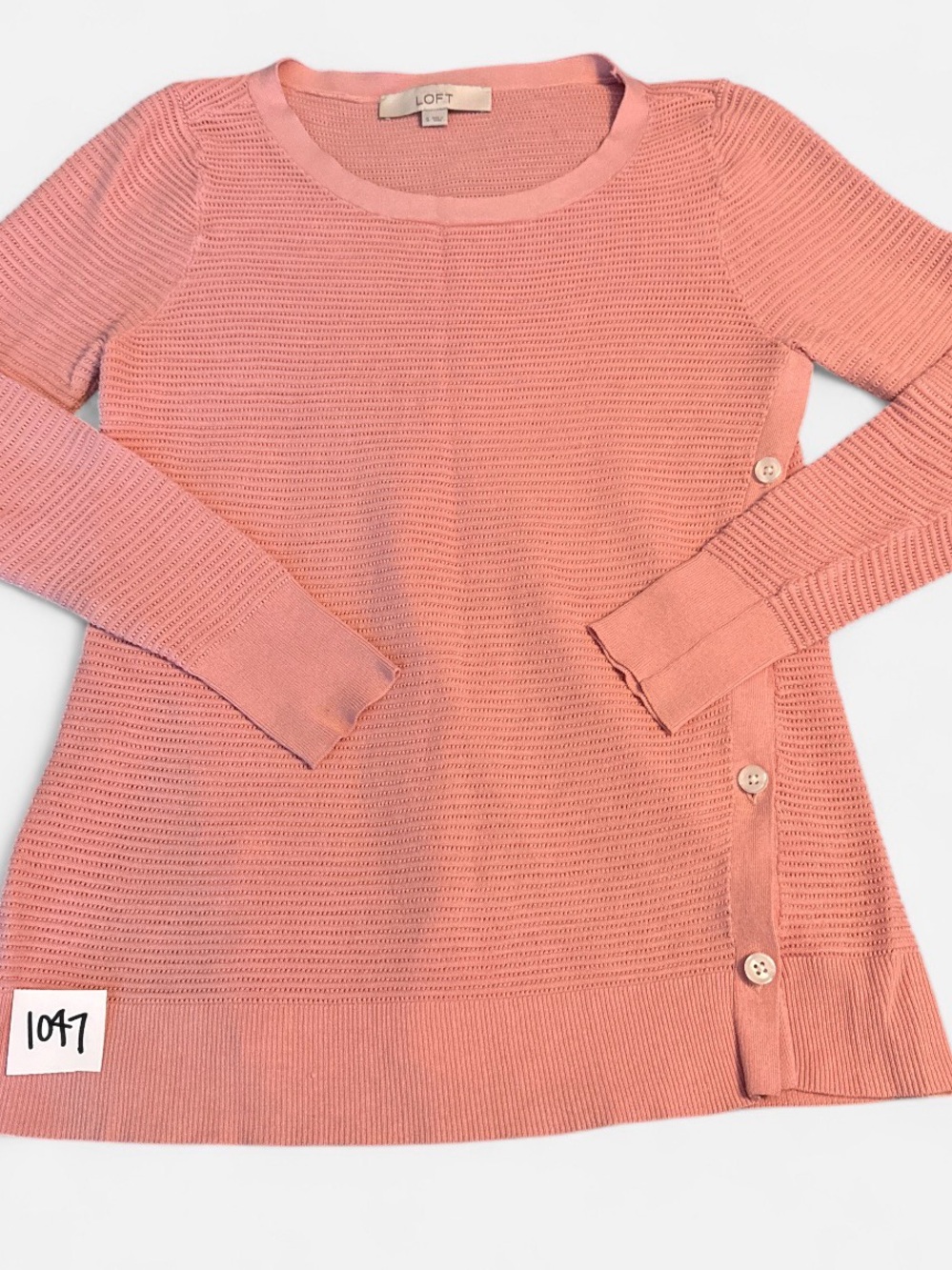 LOFT Coral Pink Button-Side Crewneck Sweater